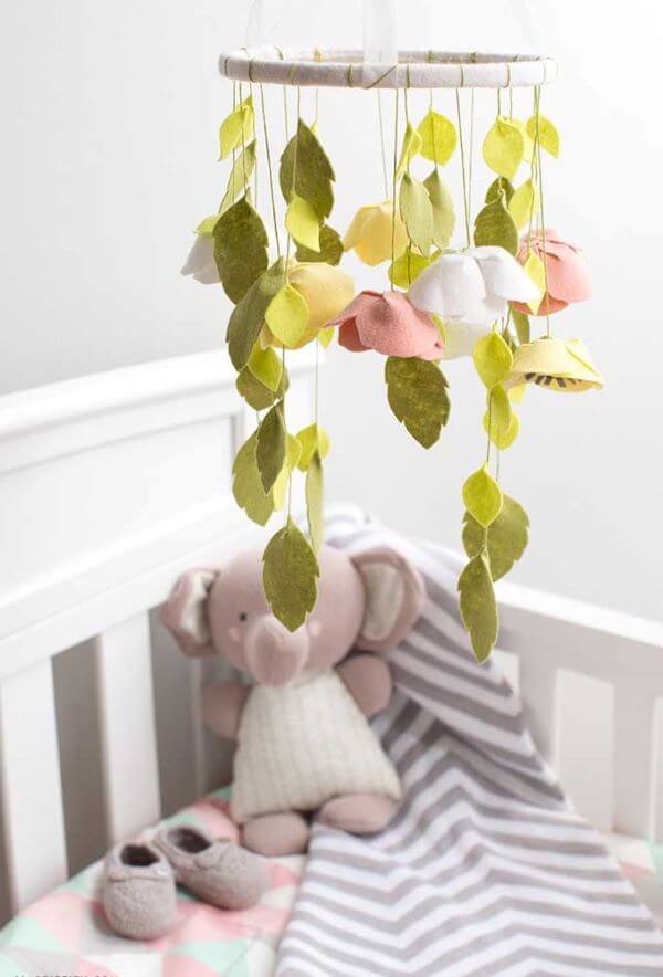 Mobile for baby room with felt flowers