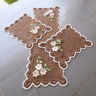Crochet rug for kitchen - set of brown rugs