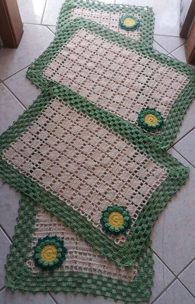 crochet rug for kitchen - beige and green rug with flowers