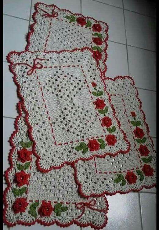 crochet rug for kitchen - white and red rug