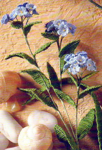 blue crochet flowers with min-foliage