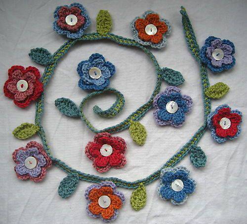 wire crochet flowers with mother-of-pearl buttons