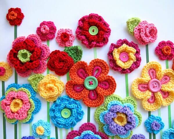 Colorful crochet flowers with buttons