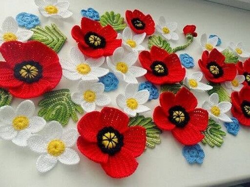 Red and white crochet flower