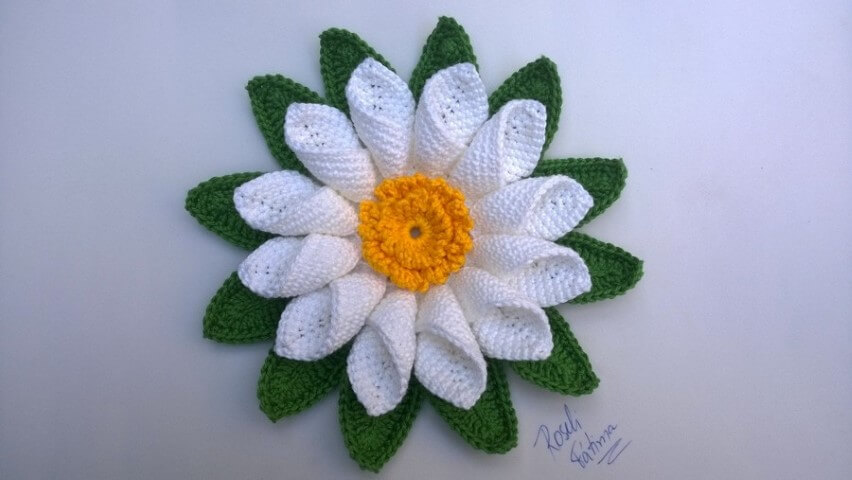 White crochet flower with yellow