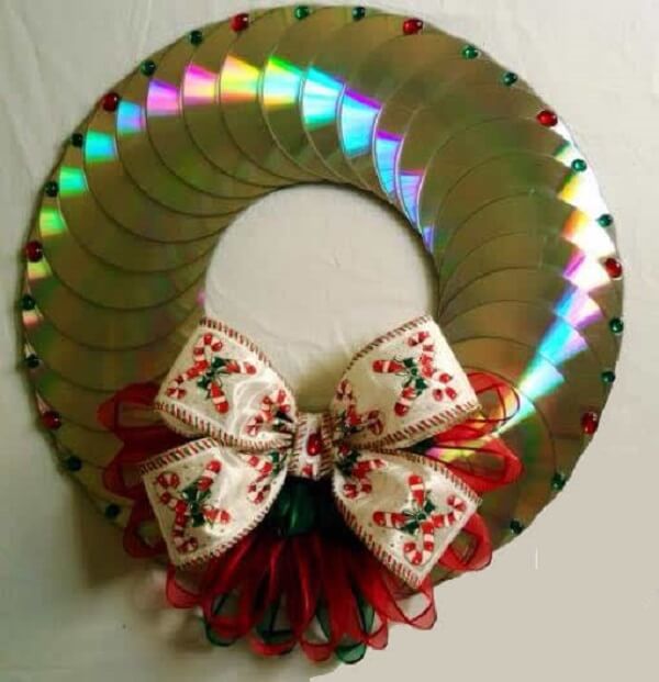 Christmas wreath made with several old CDs