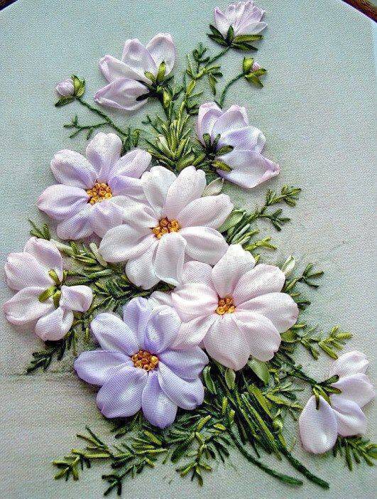 Embroidered satin ribbon flower