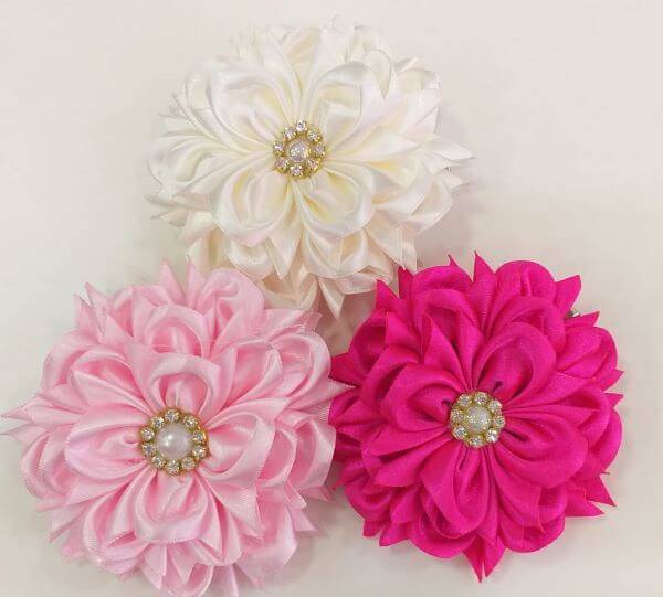 Satin ribbon flower clip for use as accessories