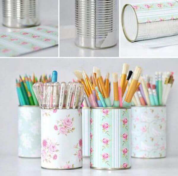 How to make pencil holder with decorated tin and scrapbook paper