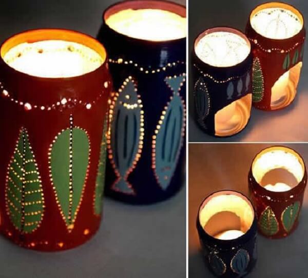 Decorated beer cans serve as lanterns