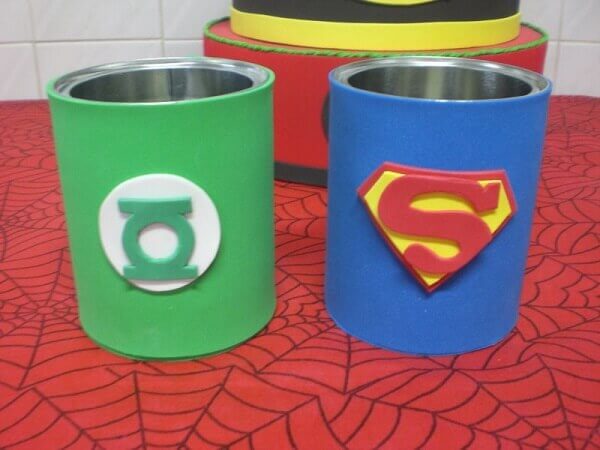 Cans decorated with Eva with superhero theme