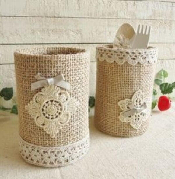 Cans decorated with jute thread