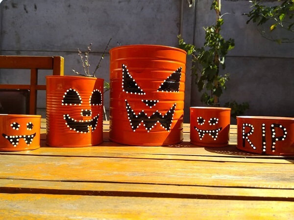 Cans decorated for Halloween party