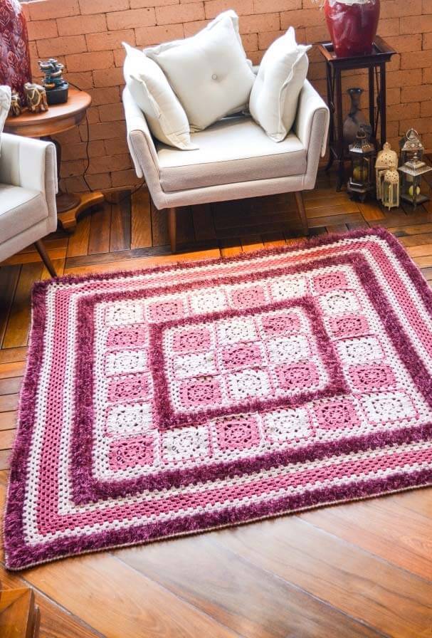 Square crochet rug for living room pink and purple