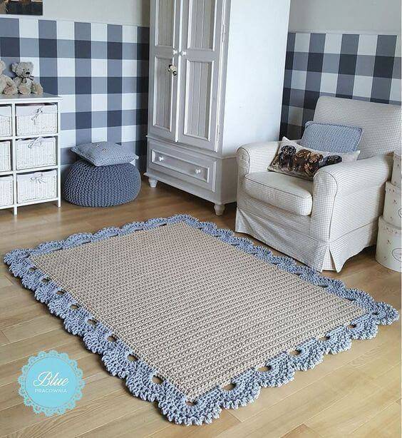 Blue and beige square crochet rug