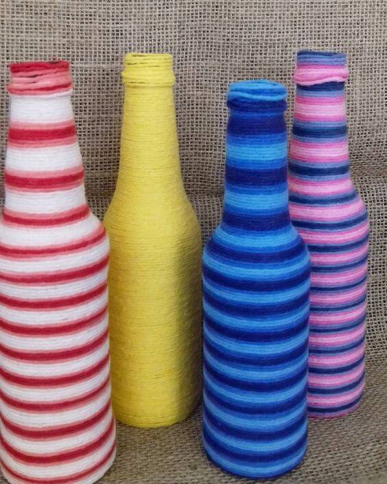 bottles decorated with string - bottles with stripes