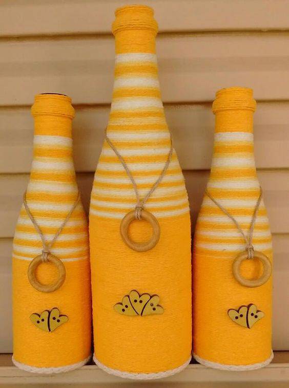 bottles decorated with string - bottles with yellow string
