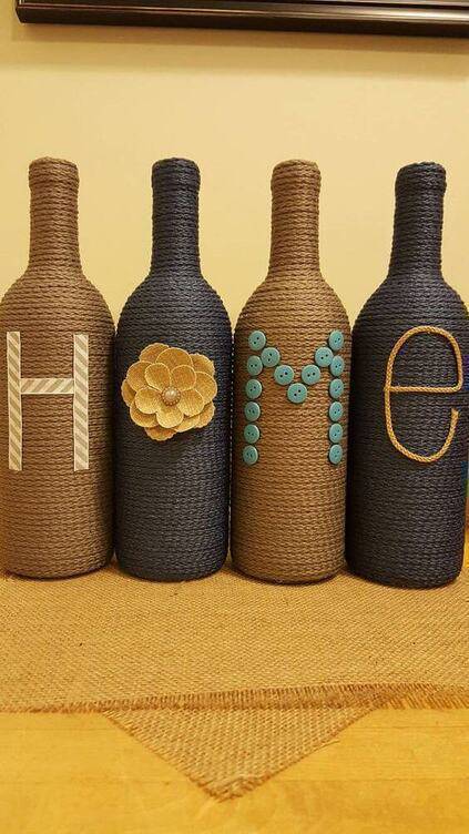bottles decorated with string - bottles with colored string