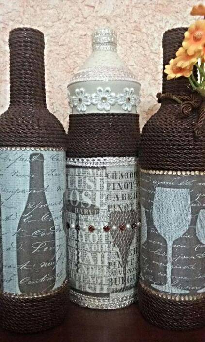 bottles decorated with string - bottles with dark string