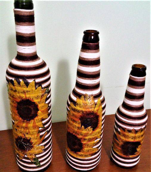 bottles decorated with string - bottles with painted string