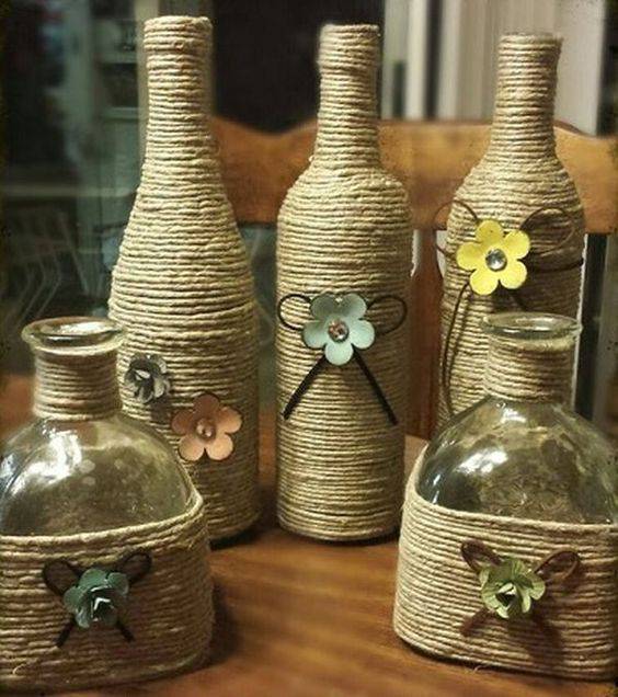 bottles decorated with string - bottles with simple decoration