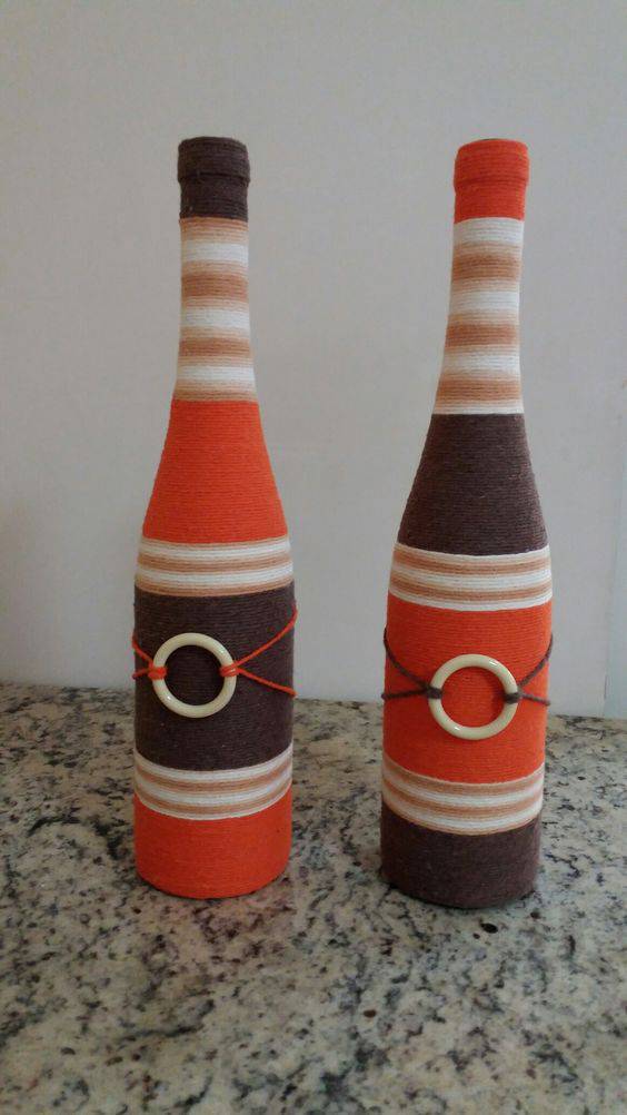 bottles decorated with string - large bottles with colored string