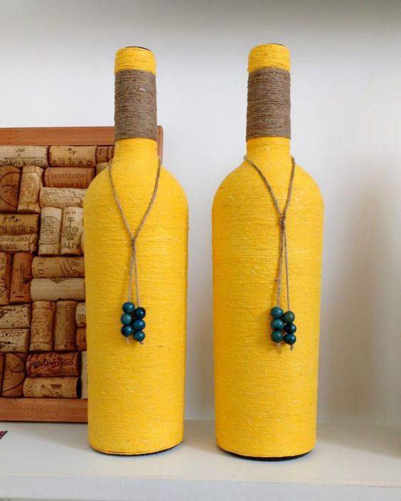 bottles decorated with string - bottle with yellow string