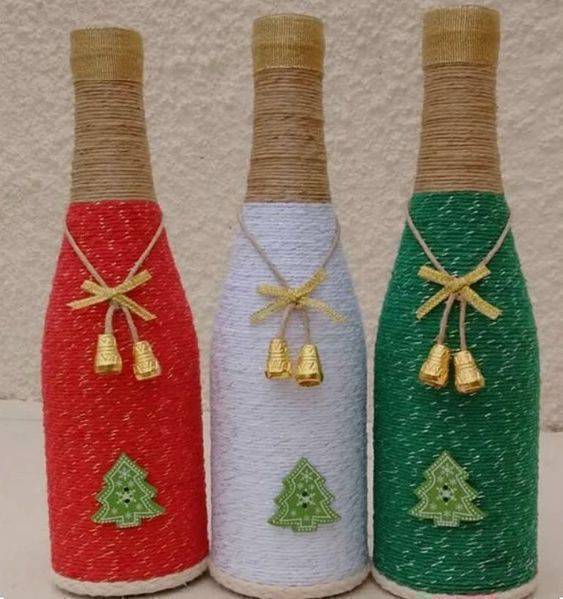 bottles decorated with string - bottles for Christmas parties