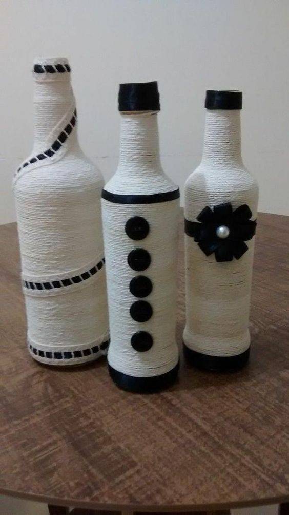 bottles decorated with string - bottle with string and buttons