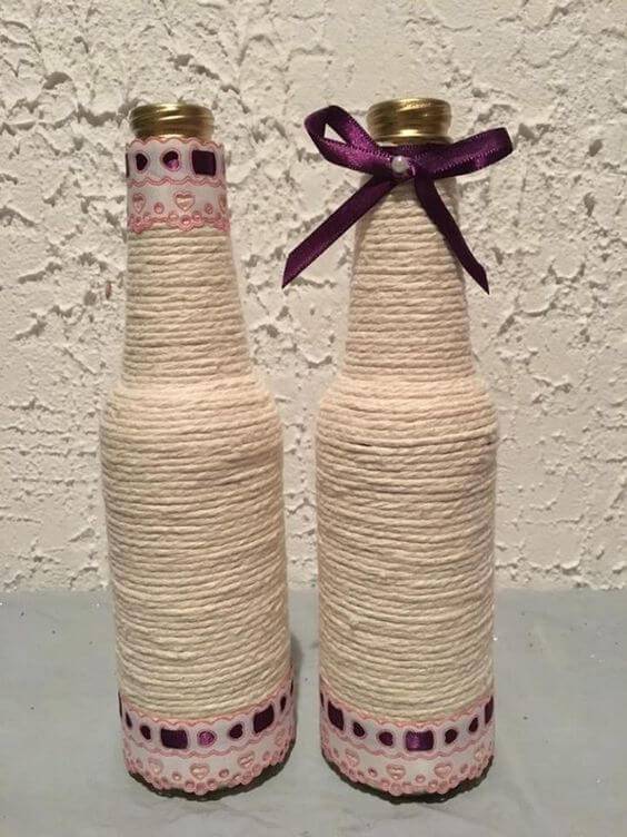 bottles decorated with string - bottle with string and ribbons