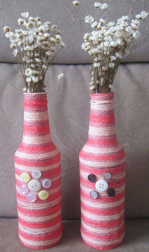 bottles decorated with string - bottle with pink and white string