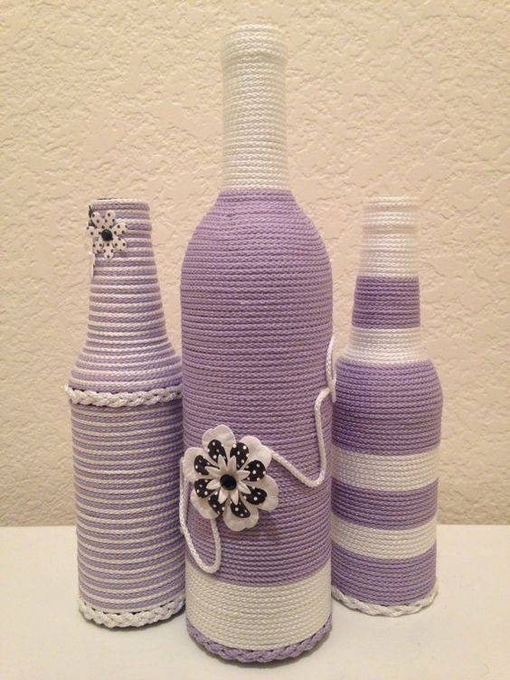 bottles decorated with string - bottle with purple and white string