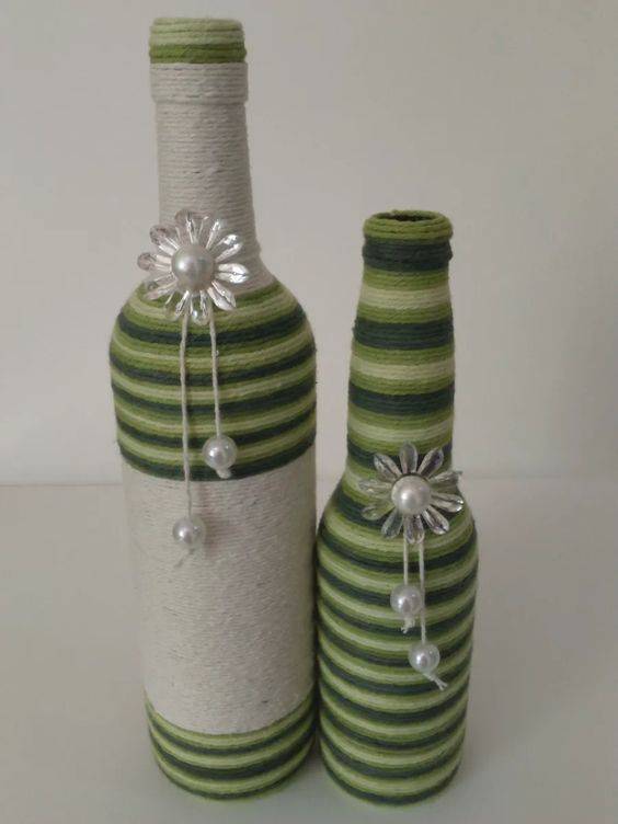 bottles decorated with string - bottle with green and white string