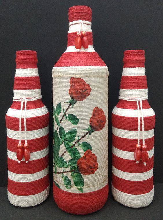 bottles decorated with string - bottle with colorful decoration