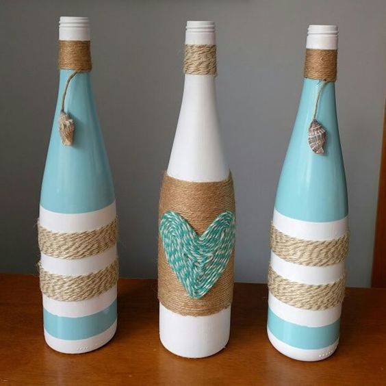 bottles decorated with string - colored bottles with string