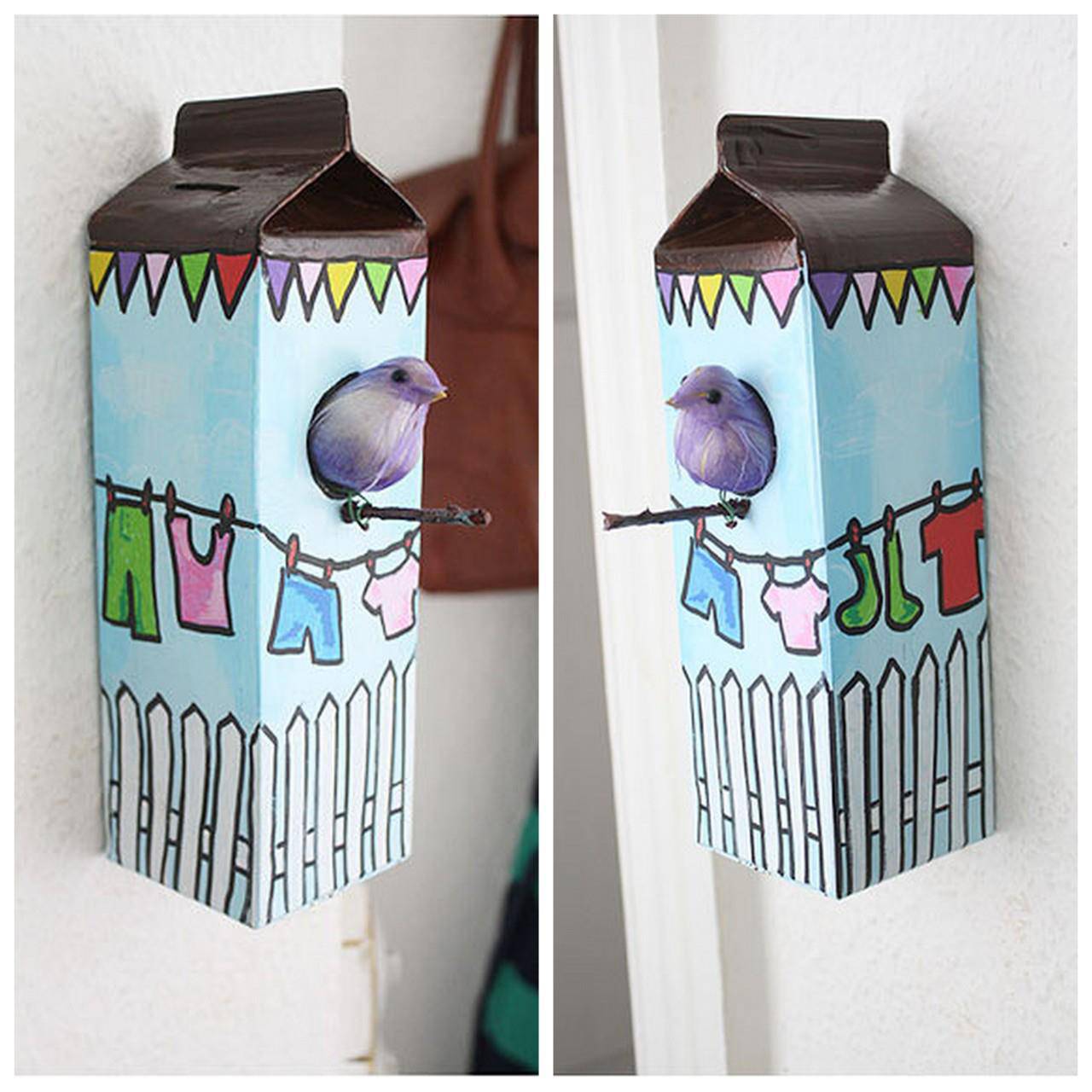 Piggy bank that imitates birdhouse made with recycled milk carton crafts