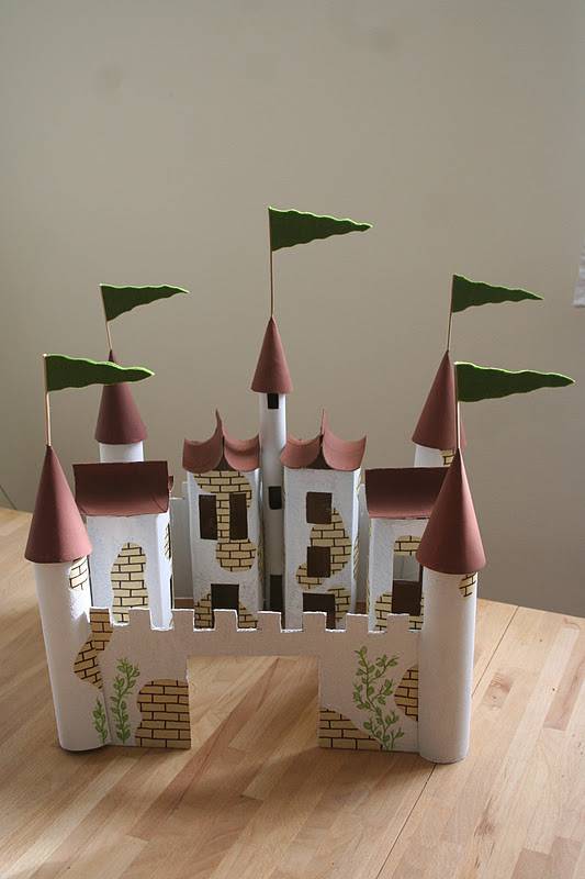 Big castle made with milk cartons, cardboard and toilet paper rolls