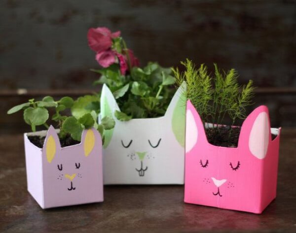 Bunnies cachepot made with crafts with milk carton