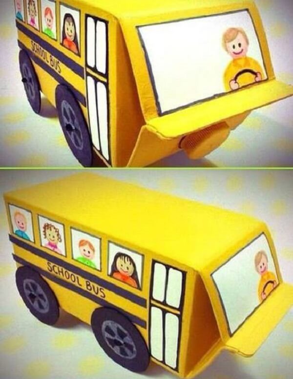 Crafts with milk carton form a school bus