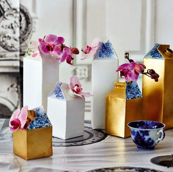 Crafts with milk carton used as a vase