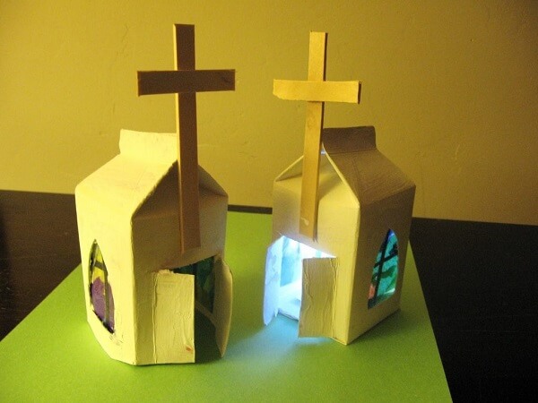 Crafts with milk cartons form beautiful churches