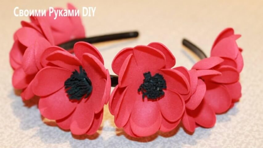 Tiara with red EVA flowers with black center