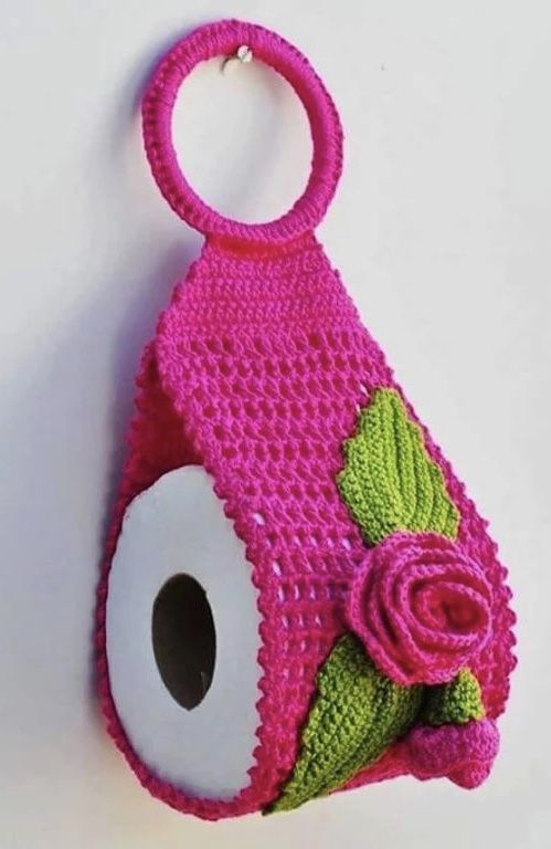 pink crochet toilet paper holder