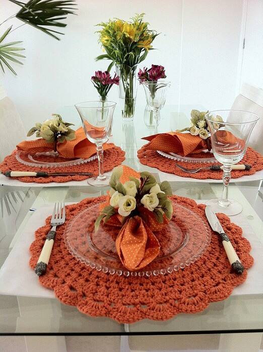 orange crochet sousplat with flowers