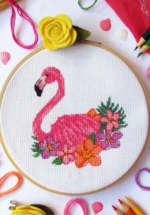 Flamingo cross stitch with flowers