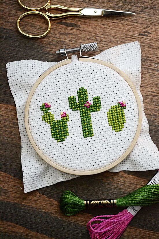 Cross stitch with cacti and plants