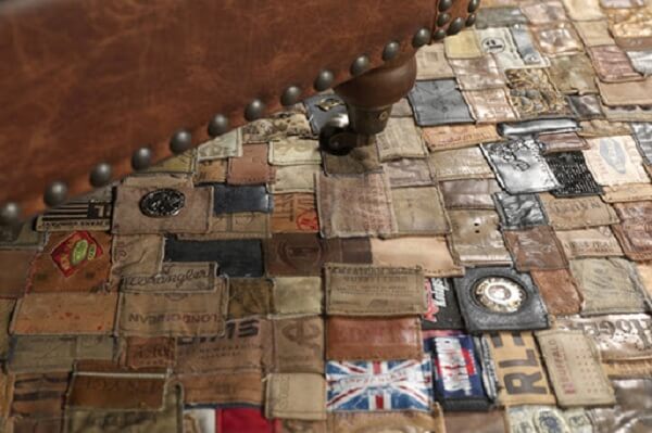 Patchwork rug made with clothing label