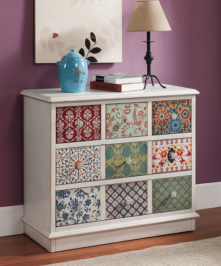 custom dresser with patchwork of colorful fabrics