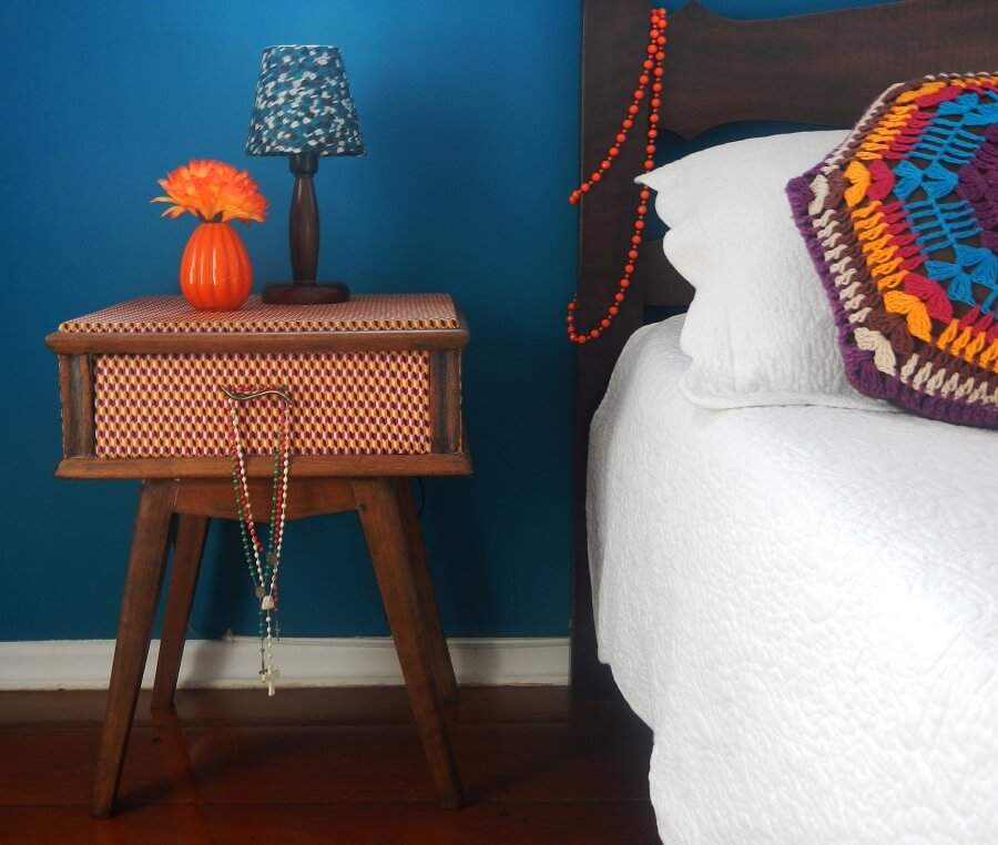 retro nightstand decorated with fabric scraps