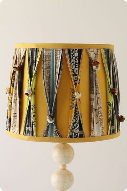 patchwork of fabric to decorate yellow lampshade dome